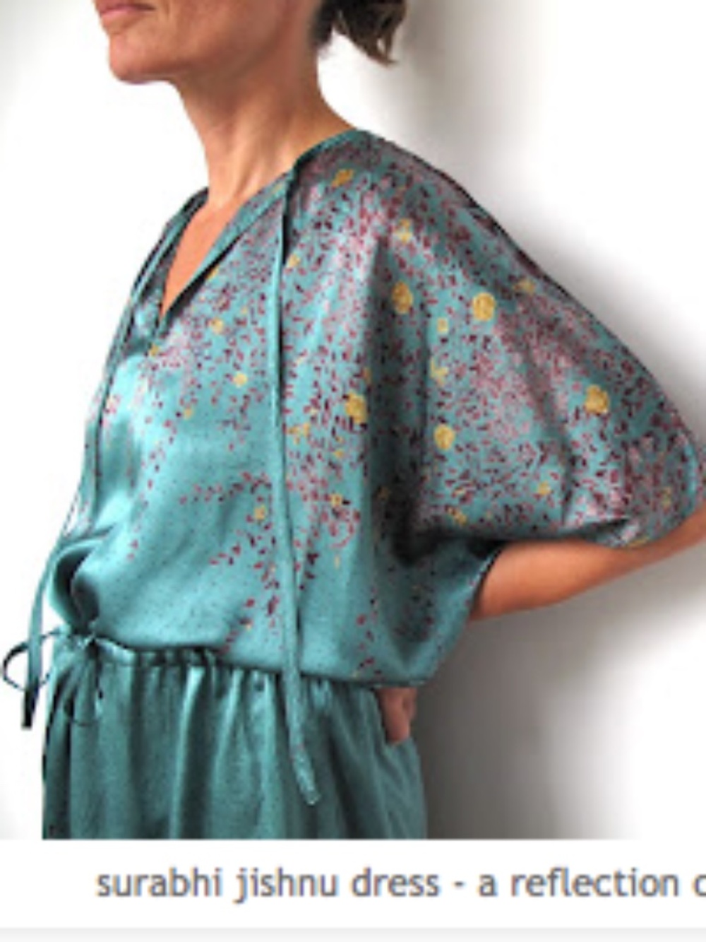 MATTA The Surabhi Jishnu Silk Dress Spring Floral Botanical Green-Blue Vintage M